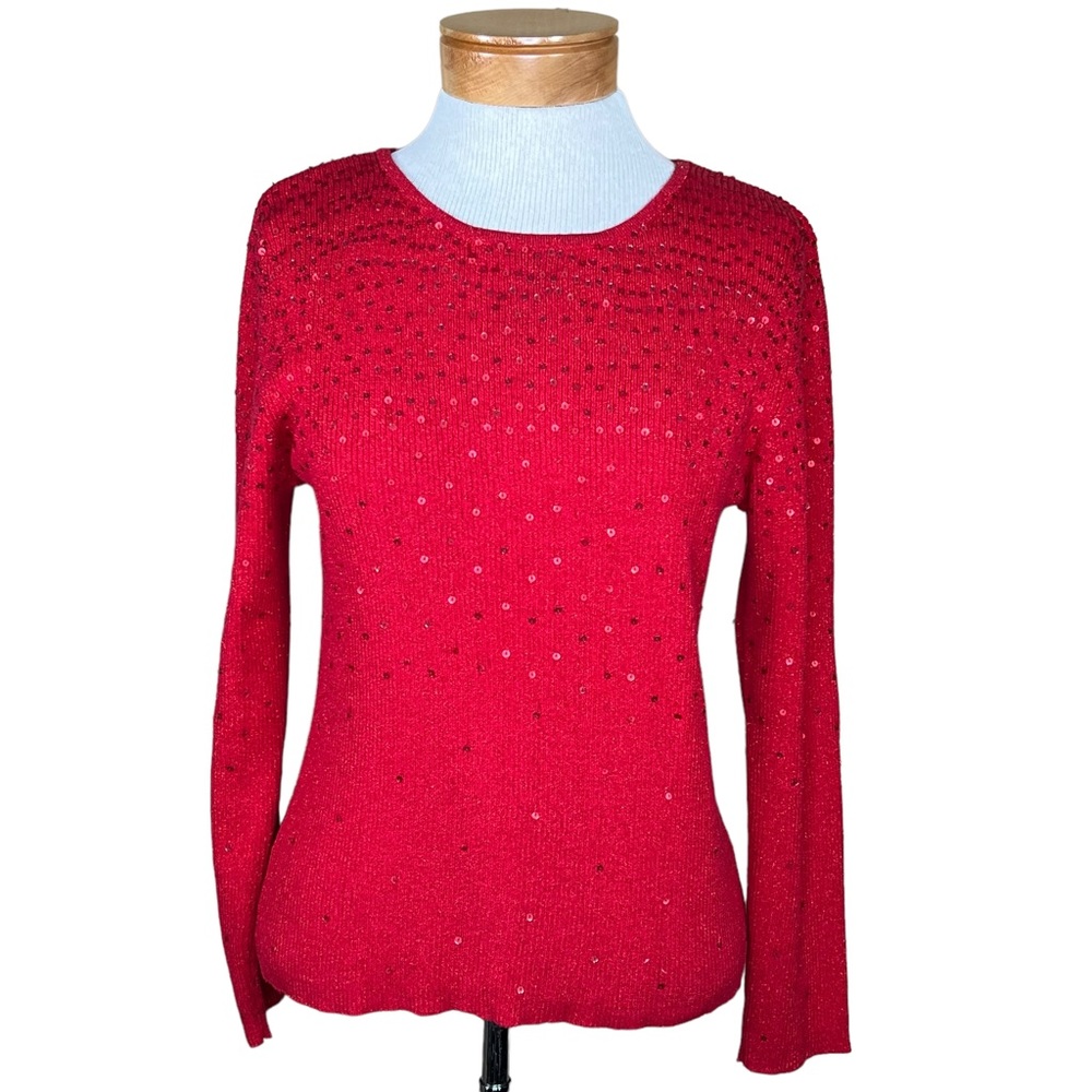 Hampshirite Studio Petite Red Metallic Ribbed Knit Sweater With Sequins PL